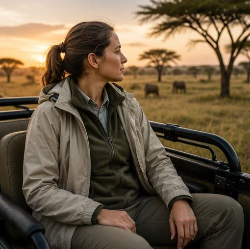 Layered Kenya safari clothing system showing base layer fleece and windbreaker for early morning game drives